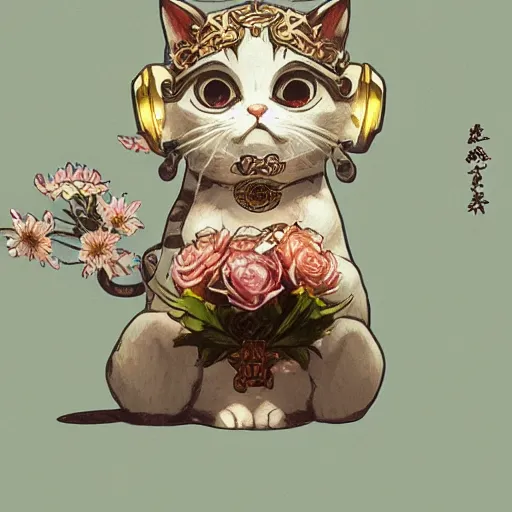 Image similar to A cute maneki neko waving, flowers around, D&D, fantasy, intricate, cinematic lighting, highly detailed, digital painting, artstation, concept art, smooth, sharp focus, illustration, art by Akihiko Yoshida, Greg Rutkowski and Alphonse Mucha