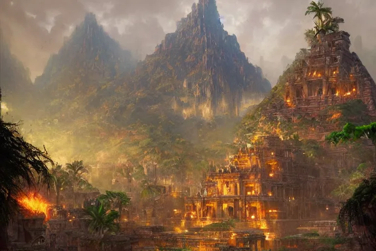 Prompt: A beautiful epic painting of the lost city of El dorado by greg rutkowski and thomas kinkade, Trending on artstation HD.