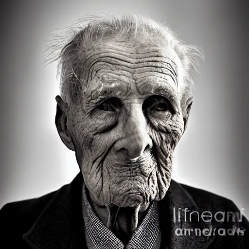 Prompt: color photo, cloes up portrait of a blind 100 year old war veteran by richard avedon, realistic, Leica, medium format, cinematic lighting, parallax, high resolution,