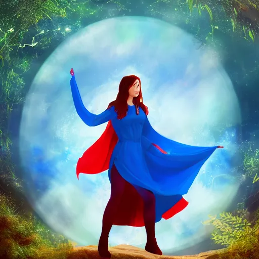 Image similar to high definition illustration of young mage woman with long blue cape, fire in outstretched hand, flowing brown hair, enjoying the view of a horizon of close planets in the sky, dense jungle, high definition, extremely detailed, 8 k, oled, beautiful lighting, shadows, reflections