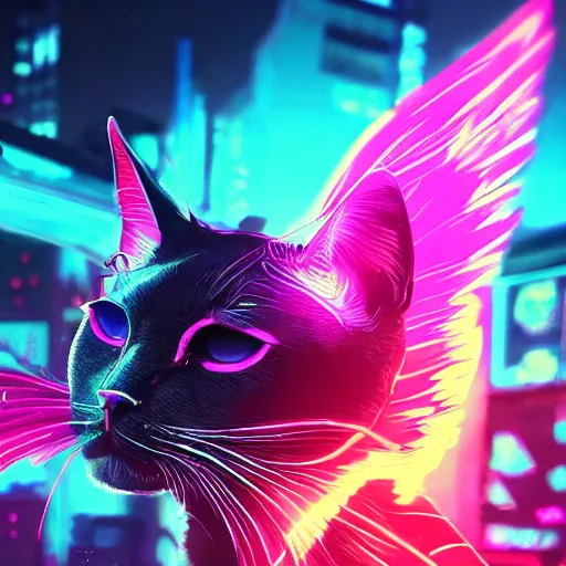 Image similar to a detailed matte painting of a neon cat under a black light with red led eyes, the cat is in a intricately detailed neo neon cyberpunk Japanese city, the angel of death with a halo, colorful background not limited to children, by Ismail Inceoglu , 4K concept art, featured on cgsociety, unreal engine