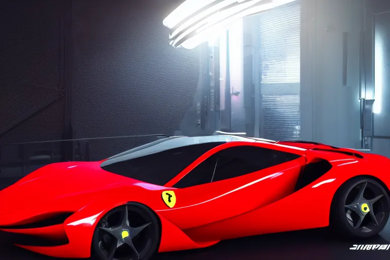 Image similar to cyberpunk ferrari concept inspired car, futuristic look, highly detailed body, very expensive, photorealistic camera shot, bright studio setting, studio lighting, crisp quality and light reflections, unreal engine 5 quality render