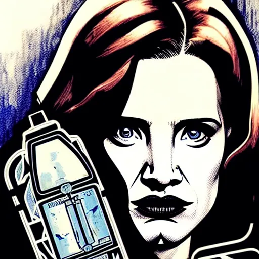 Prompt: a profile photo of a jessica chastain woman with a diving oxygen mask with side profile blood in ocean intricate details by MARVEL comics and Sandra Chevrier-C