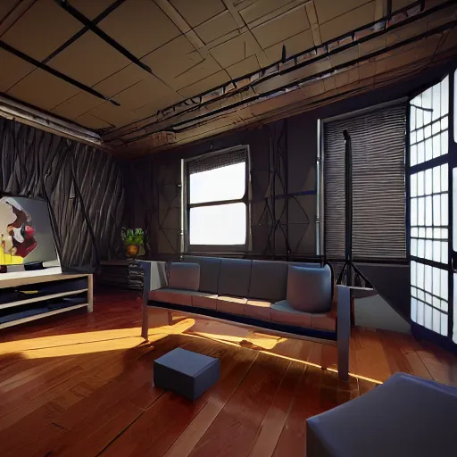 Prompt: Sci fi engine room living room, cybernetic wallpaper, thunderstrike walls, unreal engine 5 tech demo, zillow interior, cool tint, vivid colors, metallic reflective, octane render, Frank Lloyd Wright ((Studio Ghibli))