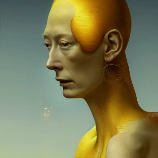 Image similar to Woman masterpiece, Tilda Swinton, yellow, golden halo behind her head, wires everywhere, by Edgar Maxence and Ross Tran, Zdzisław Beksiński, and Michael Whelan, distant, gustav dore, H.R. Giger, 8k, octane render