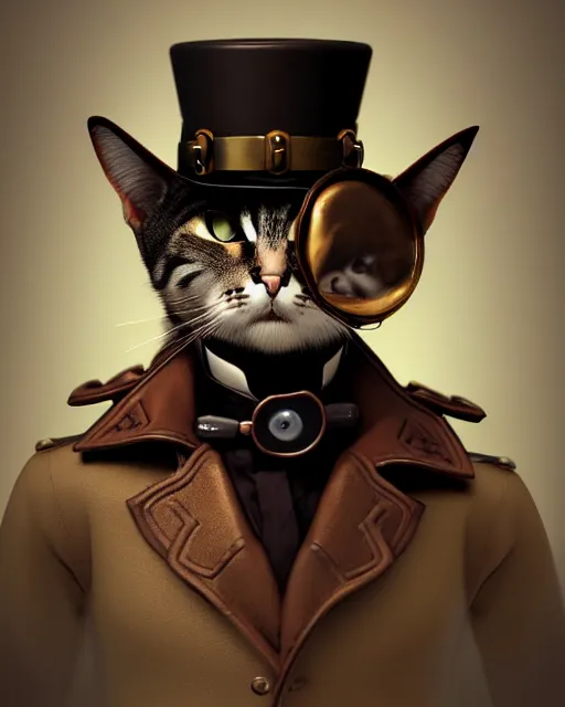 Prompt: steampunk male cat portrait, handsome, steampunk hat, detective coat, steampunk monocle, hyper realistic 3 d render by ilya kuvshinov, peter mohrbacher, greg rutkowski, ryohei hase, dramatic lighting, intricate, highly detailed, sharp focus, luminous, unreal engine, blender, artstation, masterpiece, ray tracing