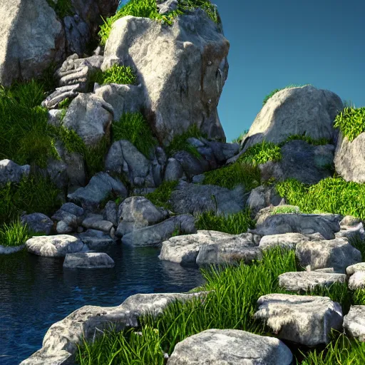 Image similar to A realistic detailed photo of an ancient city, nature, rock debris, flowers, blue sunny sky, beautiful landscape, amazingly beautiful landscape, clear water, light particles, detailed light, realistic shaders, trending on artisation, detailed textures, detailed, realistic.