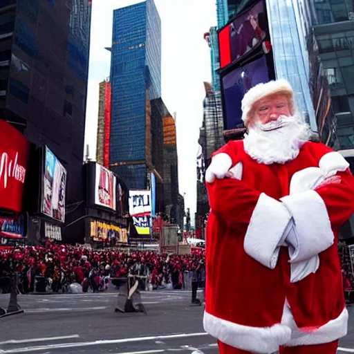 Prompt: Donald Trump dressed as Santa Claus in Time Square, New York