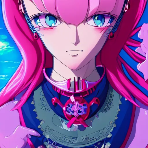 Prompt: stunningly beautiful omnipotent megalomaniacal anime goddess with porcelain skin, pink hair and mesmerizing cyan eyes, symmetrical perfect face smiling in a mischievous haughty way, mid view, hyperdetailed, 2 d, 8 k