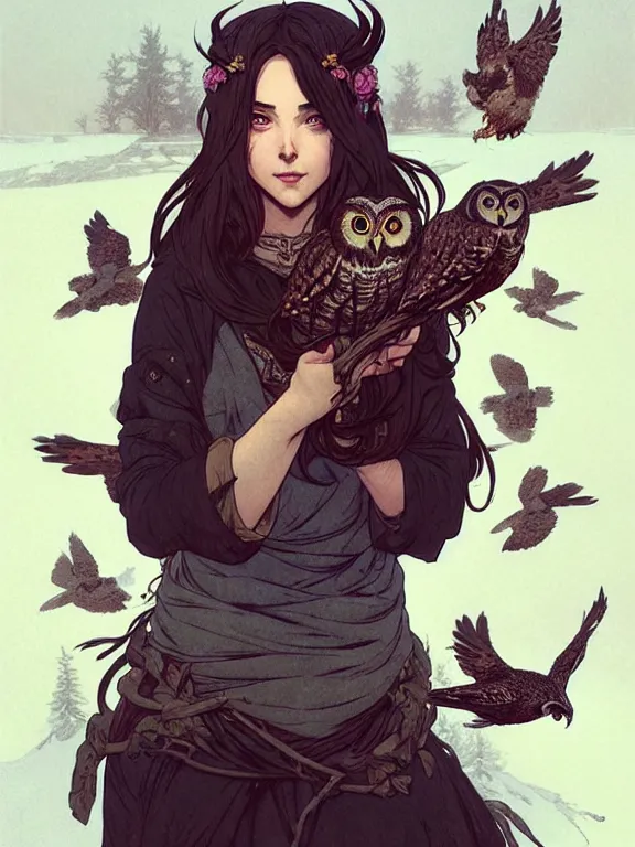 Image similar to full body picture of a huntress with owls in the winter, bored, coveted, beautiful and aesthetic, intricate, unreal engine, messy hair, highly detailed, detailed face, smooth, sharp focus, chiaroscuro, manga illustration, artgerm, greg rutkowski, ilya kuvshinov, rossdraws, alphonse mucha, young adult light novel cover art