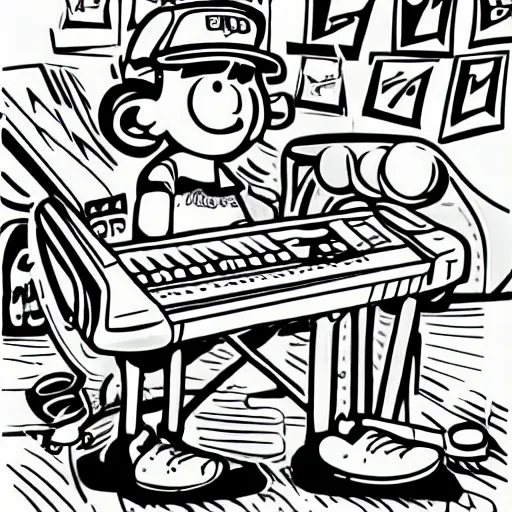 Image similar to cartoon line drawing illustration, in fine detail, of a kid wearing a baseball cap, playing a Korg MS-20 synthesizer, in the style of The Beano, sharpie, black and white, long shot, white background, marker pen, graffiti character, 90s cartoon, Dennis the menace, Calvin and hobbies