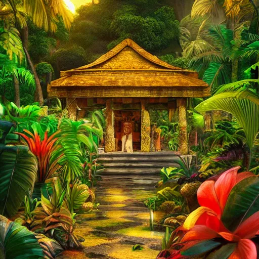 Image similar to a jungle temple surrounded by giant beautiful tropical flowers, photography, golden hour, bokeh, gamma, 8 k, full - hd, volumetric light, artstation, by bob byerley