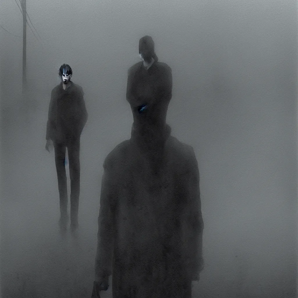 Prompt: A portrait of James Sunderland from Silent Hill 2 standing on a foggy street, digital art, moody, art by Masahiro Ito