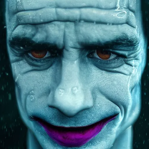 Prompt: cinematic portrait of steve from blue's clues as the joker, perfect face, neon rain, moody, elegant, by alyssa monks, highly detailed, symmetrical face, fine details, masterpiece, trending on artstation