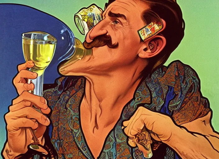 Image similar to barry chuckle drinking a bottle of snake oil, snake oil advertisement from 1 9 8 8, artwork by alphonse mucha and richard corben, 3 d, high resolution 8 k