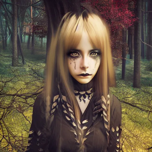 Image similar to portrait of beautiful darkness witch 3D anime girl, dark forest background, inspired by Tim Burton, digital painting, unreal engine render, volumetric light, high détail