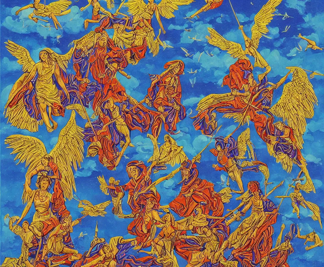 Prompt: sacred angels fighting in the skies of seattle, gouache, stylised, by mati klarwein and moebius