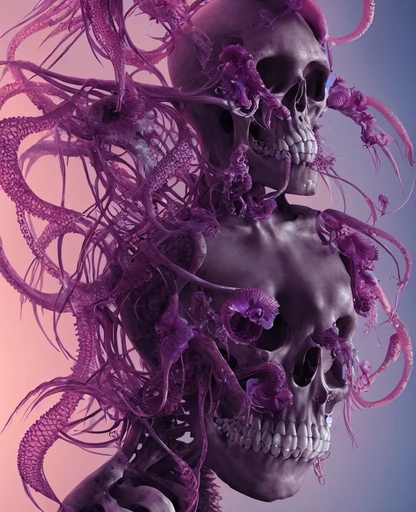 Image similar to goddess close - up portrait human skeleton, ram skull, squid phoenix jellyfish, orchid, betta fish, bioluminiscent, intricate artwork by tooth wu and wlop and beeple. octane render, trending on artstation, greg rutkowski very coherent symmetrical artwork. cinematic, hyper realism, high detail, octane render, 8 k