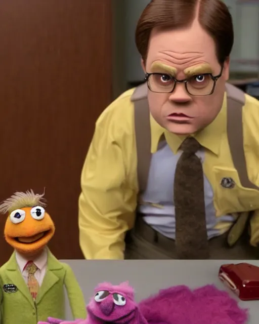 Prompt: film still from the office, dwight schrute as a muppet. highly detailed felt. hyper real photo. 4 k.