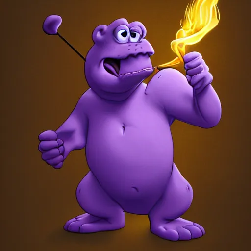 Image similar to barney the purple dinosaur from kids show drinking whisky at a bar and smoking a cigar, portrait art, digital art, trending on artstation