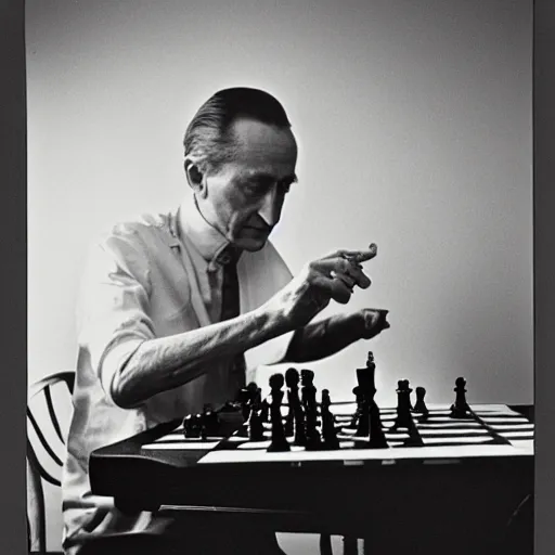 Prompt: a filmstill of Marcel Duchamp playing chess, reuters by Irving Penn