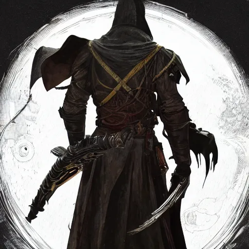 Image similar to an ultra detailed vector image of the hunter from bloodborne in a set of fallout power armor, concept art by alphonse mucha and greg rutkowski, scary shadows, blood moon eclipse, octane render, laminal space