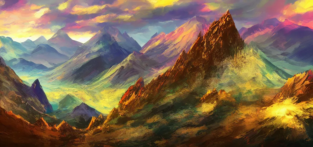 Image similar to vast mountain landscape, craggy mountains, magic the gathering, three - colors, three - color color palette, panoramic, wide angle, horizon, highly detailed