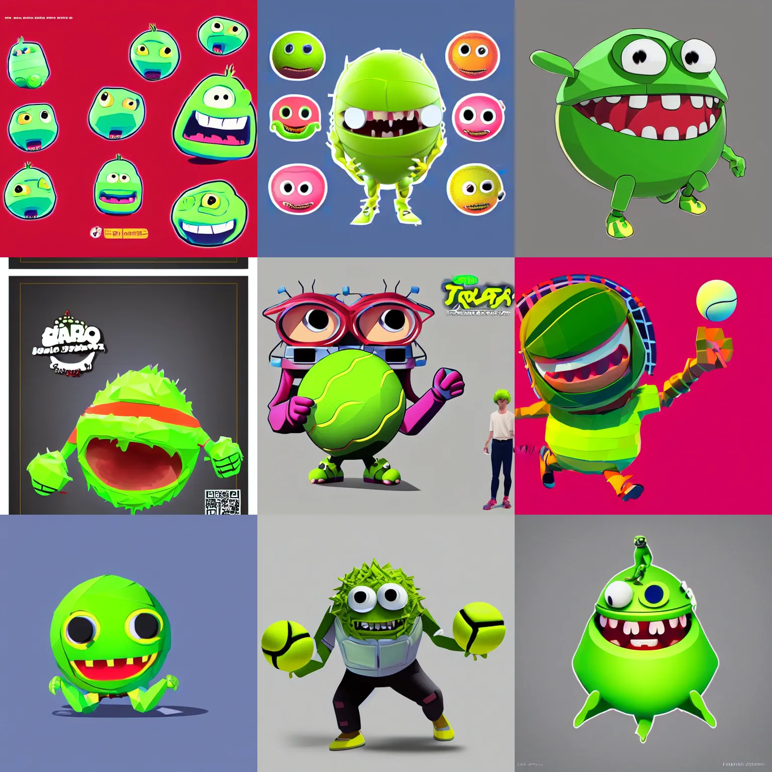 Prompt: drawing of a tennis ball monster character, vector art by Jan Konůpek, 2d game art by Pixar, set of stickers by Akira Toriyama, featured on polycount, behance contest winner, mingei, sketchfab, low poly