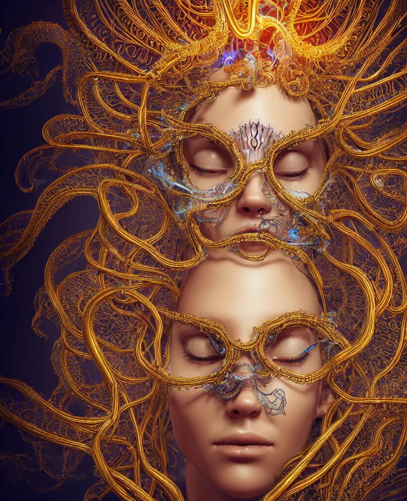 Prompt: low angle close-up portrait of the face of a beautiful princess in intricate ornate glass mask, epic angle and pose, symmetrical artwork, 3d with depth of field, blurred background, cybernetic jellyfish female face skull phoenix bird, translucent, nautilus, energy flows of water and fire. a highly detailed epic cinematic concept art CG render. made in Maya, Blender and Photoshop, octane render, excellent composition, cinematic dystopian brutalist atmosphere, dynamic dramatic cinematic lighting, aesthetic, very inspirational, arthouse. y Greg Rutkowski, Ilya Kuvshinov, WLOP, Stanley Artgerm Lau, Ruan Jia and Fenghua Zhong