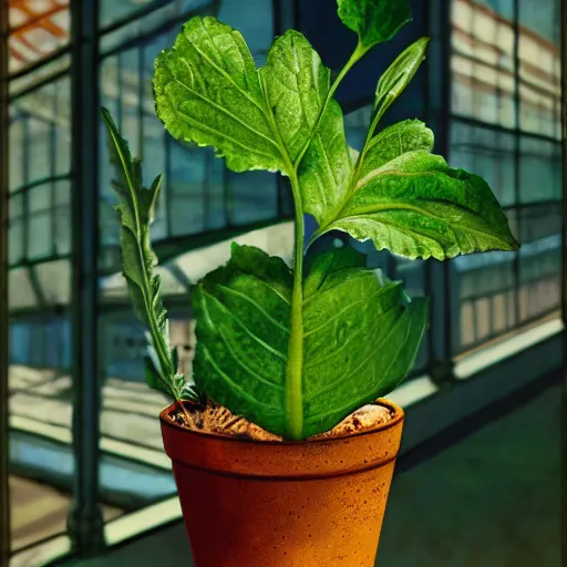 Image similar to mandrake leaves on a head in the porcelain pot, digital drawing, Harry Potter, roots, herbology, on the table in greenhouse, in the ray of sunshine, digital art, sharp focus, high detailed, calm, warm lighting, sparkles, by Rutkowsky,