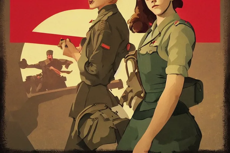 Image similar to communist Propaganda poster Emma Watson in WW2 uniform in the style of disco elysium by moebius and atey ghailan by james gurney by vermeer by George Stubbs full body trending on artstation vector art bright