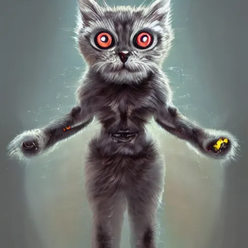Image similar to cute furry anthropormorphic alien cat cyborg creature with big eyes, character concept detailed painting 4 k