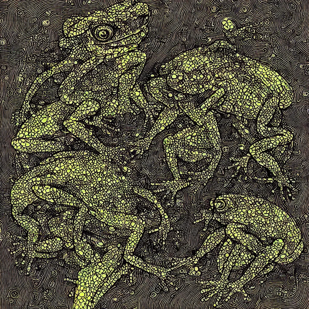 Image similar to toad head, ryuta ueda artwork, breakcore, technical, abstract, interference, computers, vectors, gloom, dimensions, frequency, subtle glitches, frogs, amphibians, geometry, data, minimal, code, cybernetic, album cover, dark, eerie, cyber