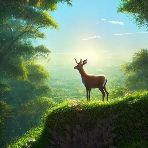 Prompt: highly detailed digital art of a deer standing on an overgrown rooftop looking into the lush solarpunk city below, sunshine, kimi no na wa, trending on artstation, tranquil, by ghibli