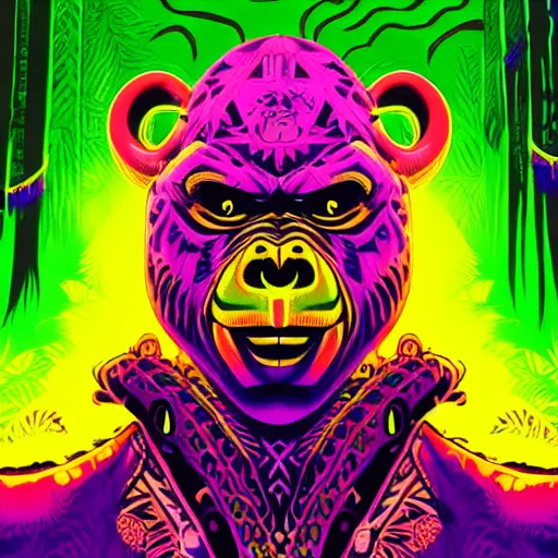 Image similar to barong family member, wiwek, mara demon, one single tribe member, jungle, one single mask, dark, ancient warrior, yellow green gorilla, lizard, tribal, fists visible, background hot pink violet blue, inner glow, art by dan mumford and justin gerard