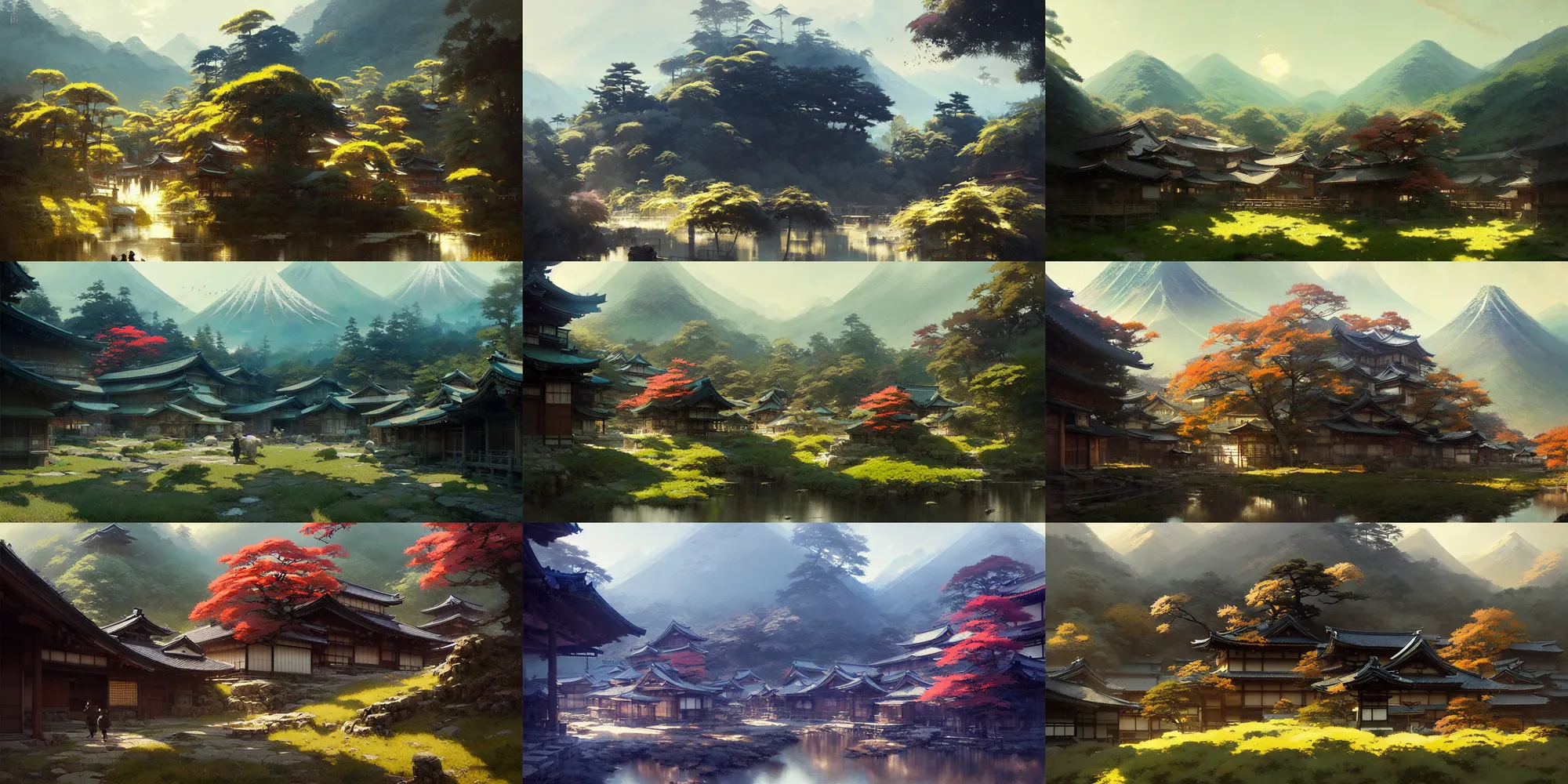 Prompt: japanese mountain countryside small town, landscape, illustration, highly detailed, digital painting, concept art, matte, art by ruan jia and wlop and greg rutkowski and makoto shinkai, masterpiece