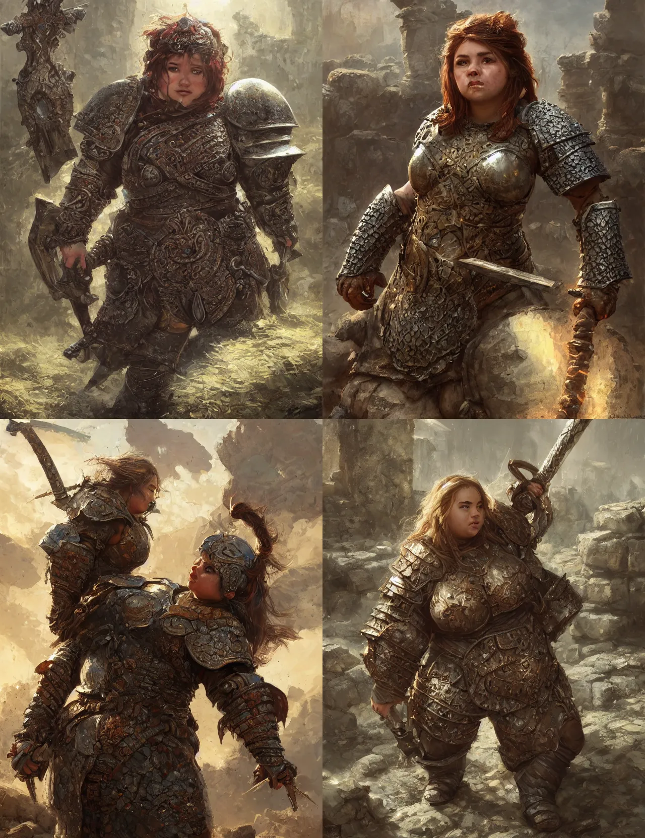 Prompt: chubby female dwarf warrior wearing heavy plate armor, robust stocky body, at the stone ruins, rpg artwork, hyperdetailed, hyperrealistic, soft light, imposing presence, pino daeni and dan mumford, artstation, intricate metal, smooth, sharp focus