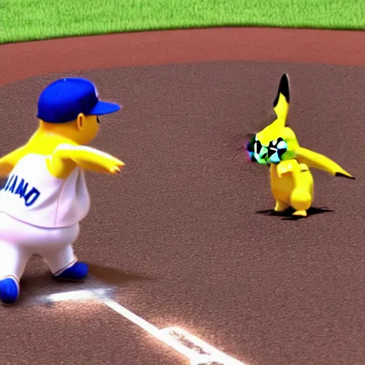 Prompt: live action shot of a baseball game with pikachu up for bat, highly detailed, extremely high quality, hd, 4 k, 8 k, canon 3 0 0 mm, professional photographer, 4 0 mp, lifelike, top - rated, award winning, realistic, detailed lighting, detailed shadows, sharp, no blur, edited, corrected, trending