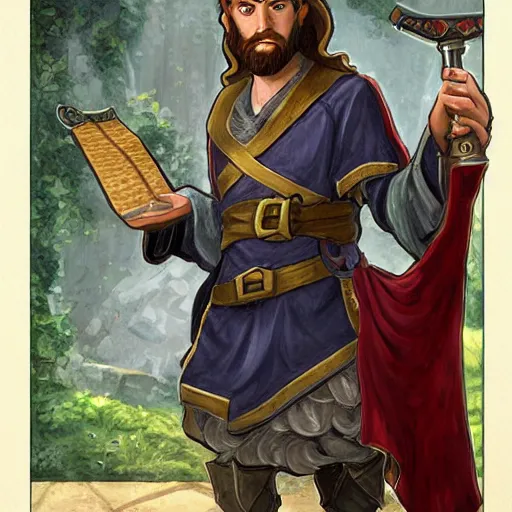 Image similar to Young bearded Tarski Fiume holding a scroll, half-elf Time Wizard, iconic character art by Wayne Reynolds for Paizo Pathfinder RPG