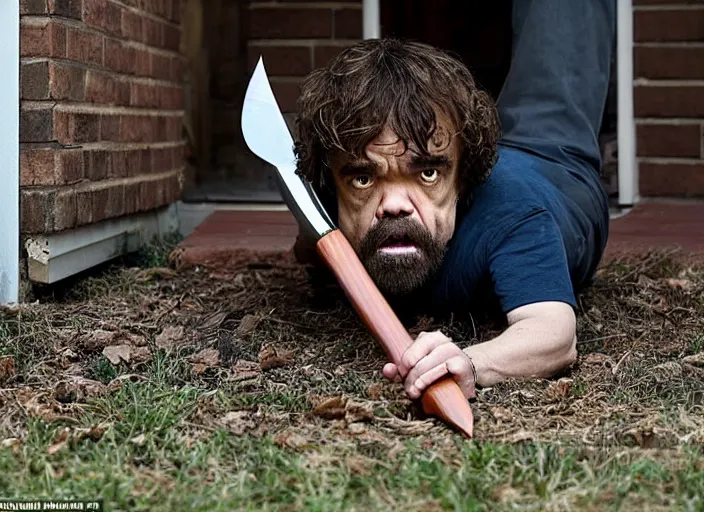 Prompt: peter dinklage crawling from under a porch with a knife in his mouth at night, movie still, from the new sweet home alabama movie, 8 k, realistic