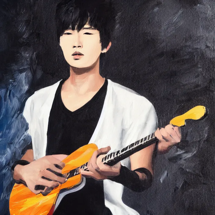 Prompt: large brush painting of a young korean male musician wearing stylish black v neck t shirt holding a telecaster!!! electric guitar!!, candid!! dark background, thick flowing dramatic brush strokes, dark matte colors, abstract, impressionist, motion, trending on artstation