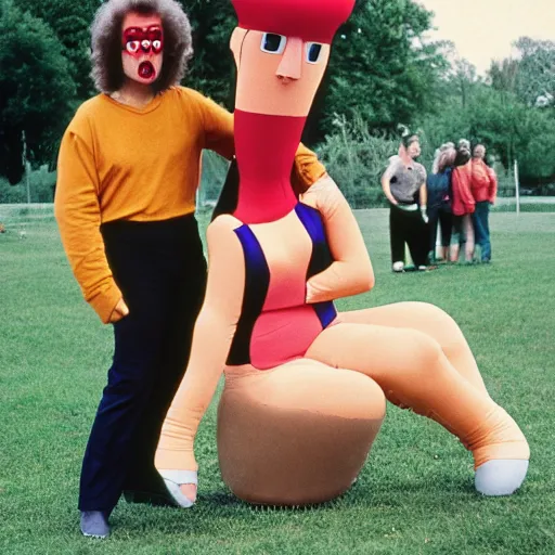 Image similar to 1981 woman on tv show wearing a squishy inflatable prosthetic mask long stick nose, soft color wearing a leotard at the park 1981 color film 16mm holding a an inflatable animal Fellini John Waters Russ Meyer Doris Wishman old photo