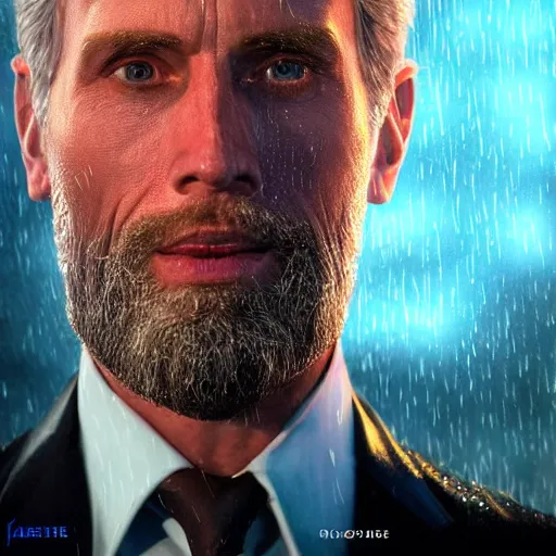 Image similar to john glover as lionel luthor in smallville, portrait made out of rain, realistic, highly detailed, neon, rendered in octane, unreal engine, beautiful, trending on artstation, emotional