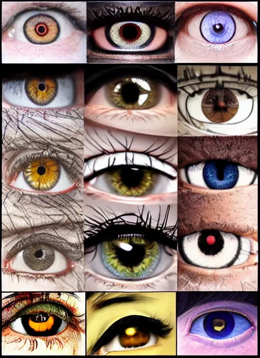 Image similar to diverse eyes!, dot pupils, round pupil, round iris, advanced art, art styles mix, from wikipedia, grid of styles, various eye shapes