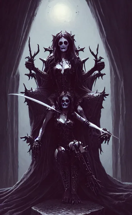 Image similar to desirable Vampire woman sitting on a skull throne with undead knights around her, fantasy, intricate, elegant, highly detailed, digital painting, artstation, concept art, matte, sharp focus, illustration, art by artgerm and Greg Rutkowski, dreadjim, zeen chin