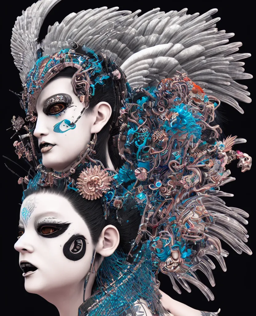 Image similar to 3 d goddess close - up profile portrait punk with mohawk with ram skull. beautiful intricately detailed japanese crow kitsune mask and clasical japanese kimono. betta fish, jellyfish phoenix, bio luminescent, plasma, ice, water, wind, creature, artwork by tooth wu and wlop and beeple and greg rutkowski