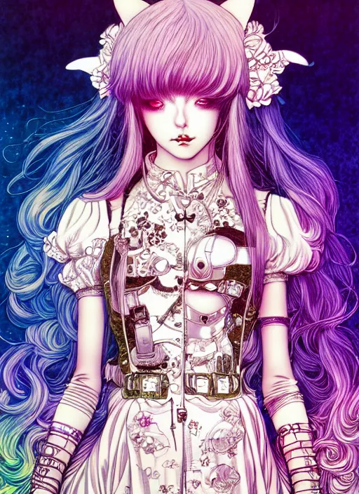 Image similar to highly detailed terada katsuya artstation artgerm manga poster of cat girl mechine, rainbow gradient reflection, ayami kojima, long hair, armor, dress, laces, ruffles, 8 k, maximalist, takato yamamoto