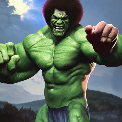 Image similar to photomanipulation of BOB ROSS as hulk with human flesh, marvel, fully detailed, volumetric lightening, octane render, 8k, masterpiece, epic composition