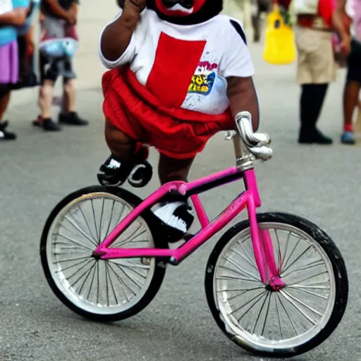 Image similar to mike tyson riding a tiny small clown bike