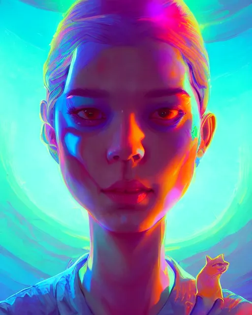 Prompt: lsd, acid trip, a beautiful woman with ( cat ) features, dramatic lighting, by lois van baarle, artgerm, wlop, greg rutkowski, ultra detailed colorful repeating fractals in the background by moebius, beeple, artstation